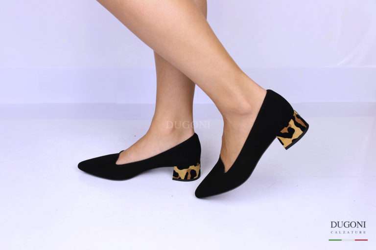 Mocassino sfilato in camoscio nero e tacco leopardato </br> D1202 Mocassini