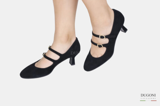 Mary Jane in camoscio nero con doppio cinturino </br> D1593 Mary Jane