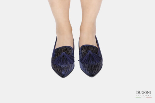 Pantofolina in velluto stampato  blu&taupe  </br> D1727 Ballerine