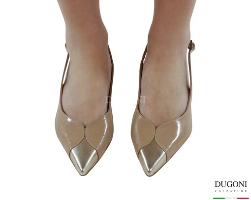 Slingback in pelle verlux nude e laminato  <br/>D1870 COLLEZIONE SPOSA
