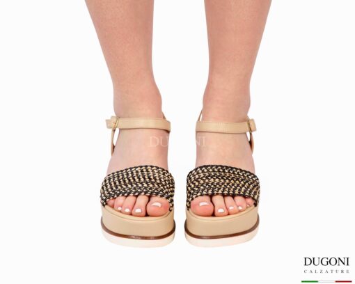 Zeppa in pelle beige e rafia bicolor  </br> D1884 Scarpe donna