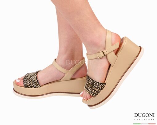 Zeppa in pelle beige e rafia bicolor  </br> D1884 Scarpe donna