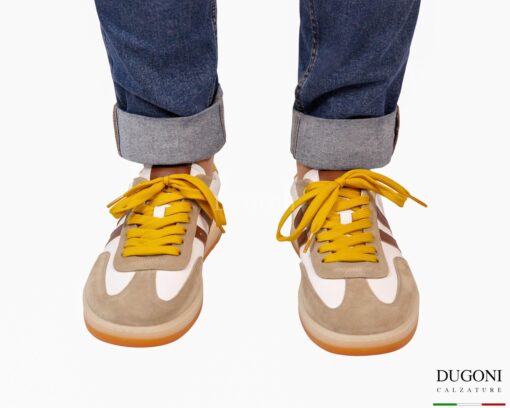 Sneakers bianco&sabbia con lacci ocra_ DUGONI </br>U448 Calzature uomo
